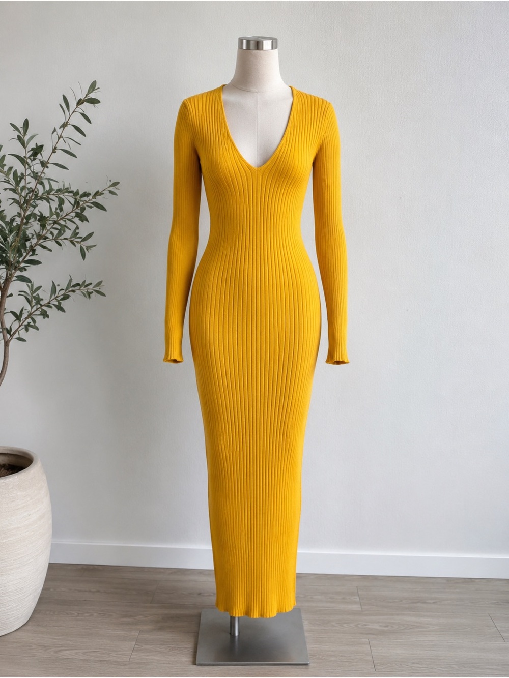 Sexy Ribbed Knit V-Neck Bodycon Maxi Dress Yellow NWT Good Time USA 2XL